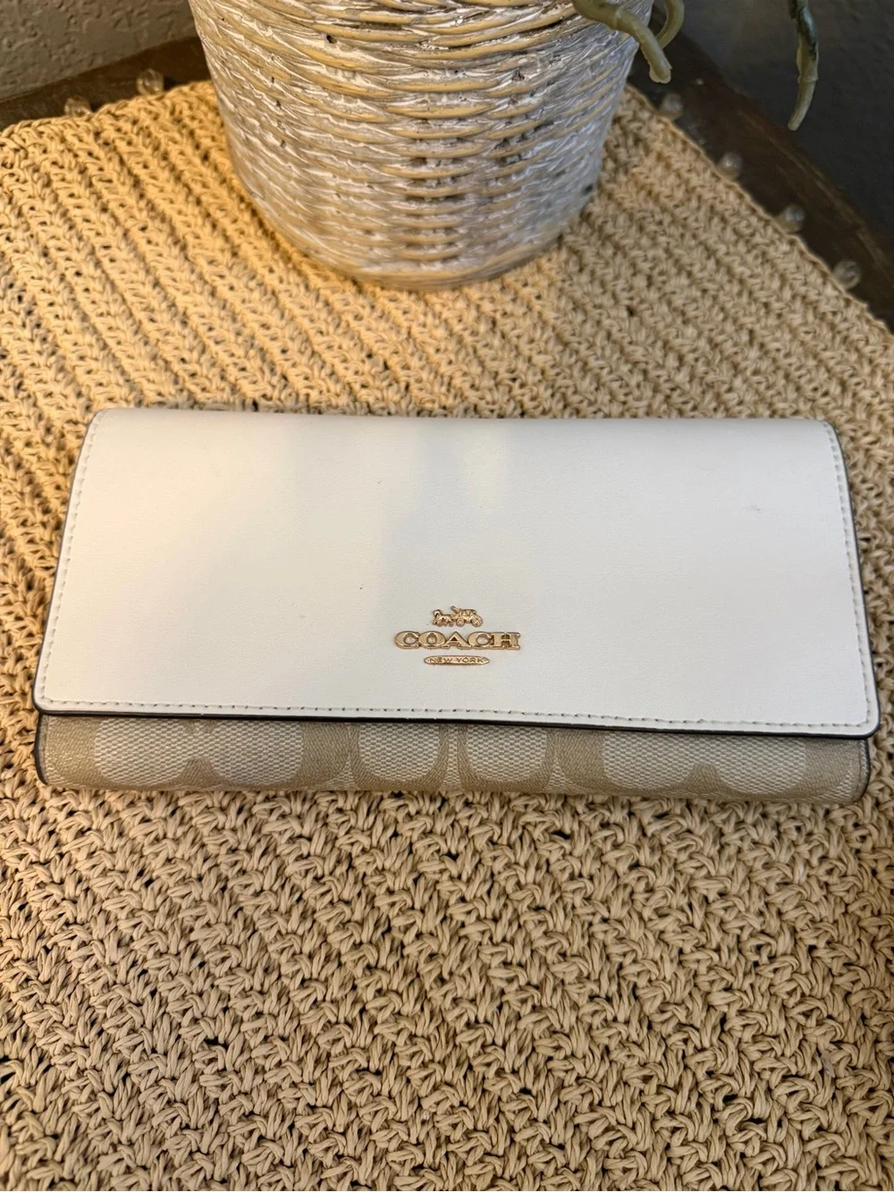 Coach White Leather Flap Wallet with Tan Signature Canvas Never Used